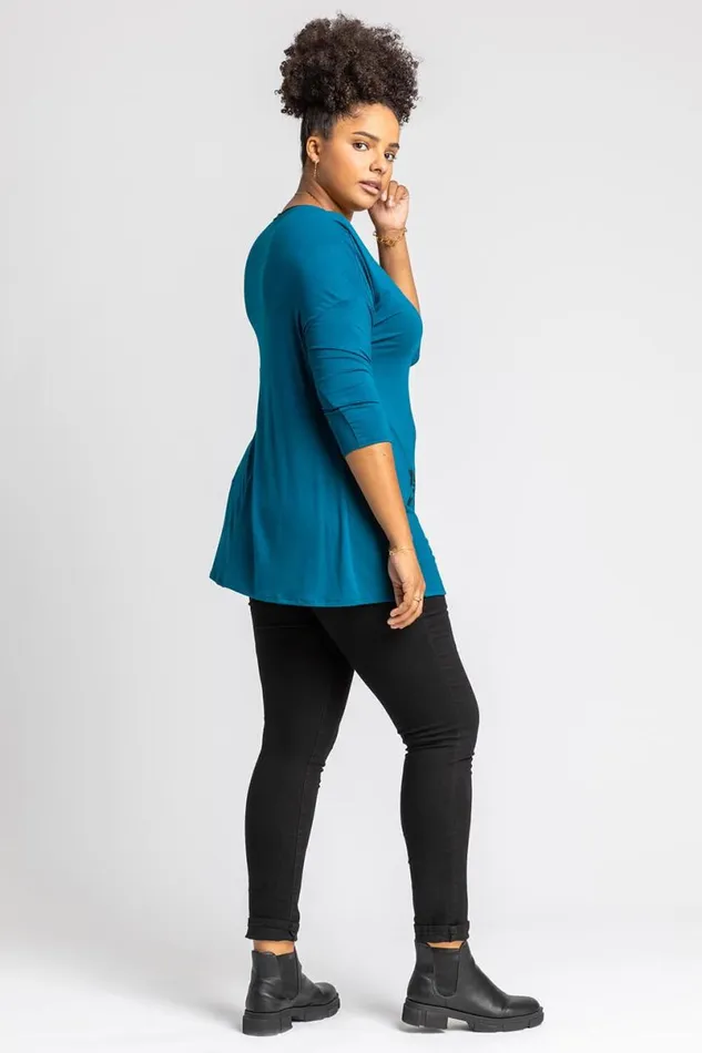 Petrol Blue Curve Floral Embellished Jersey Top Women Roman Tops