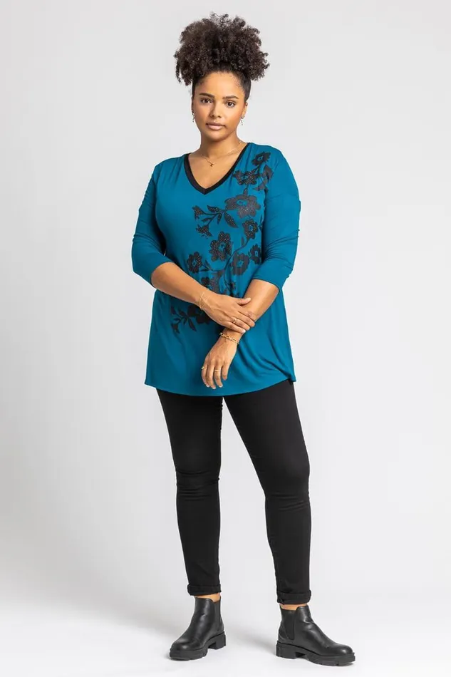 Petrol Blue Curve Floral Embellished Jersey Top Women Roman Tops
