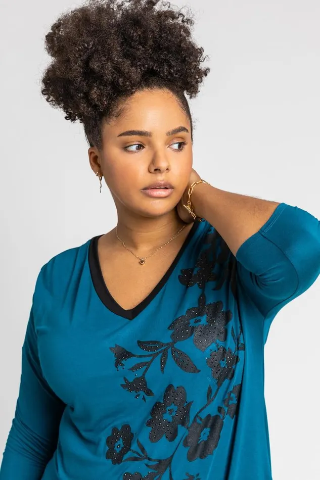 Petrol Blue Curve Floral Embellished Jersey Top Women Roman Tops