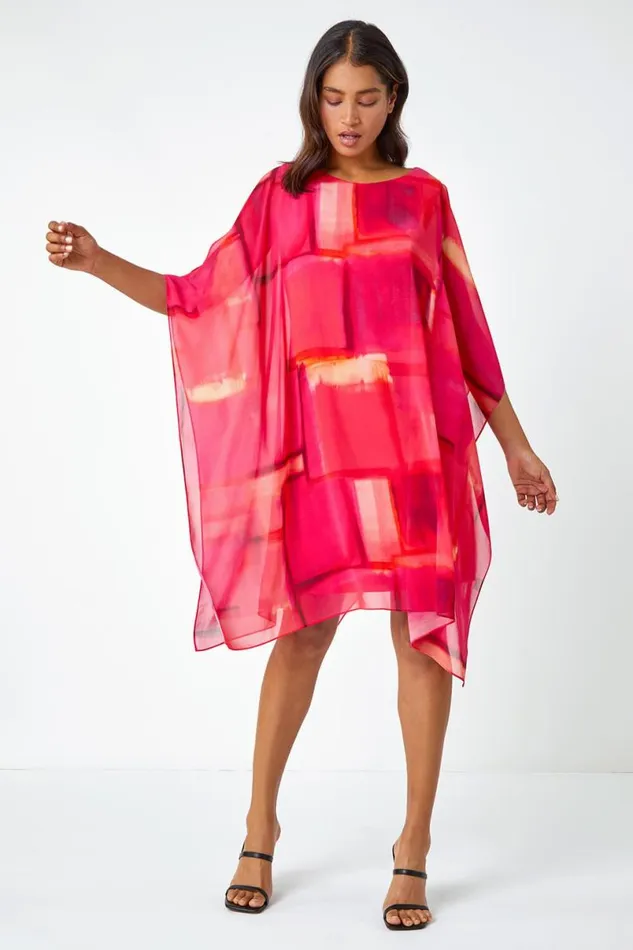 Pink Abstract Print Chiffon Overlay Dress Women Roman Dresses