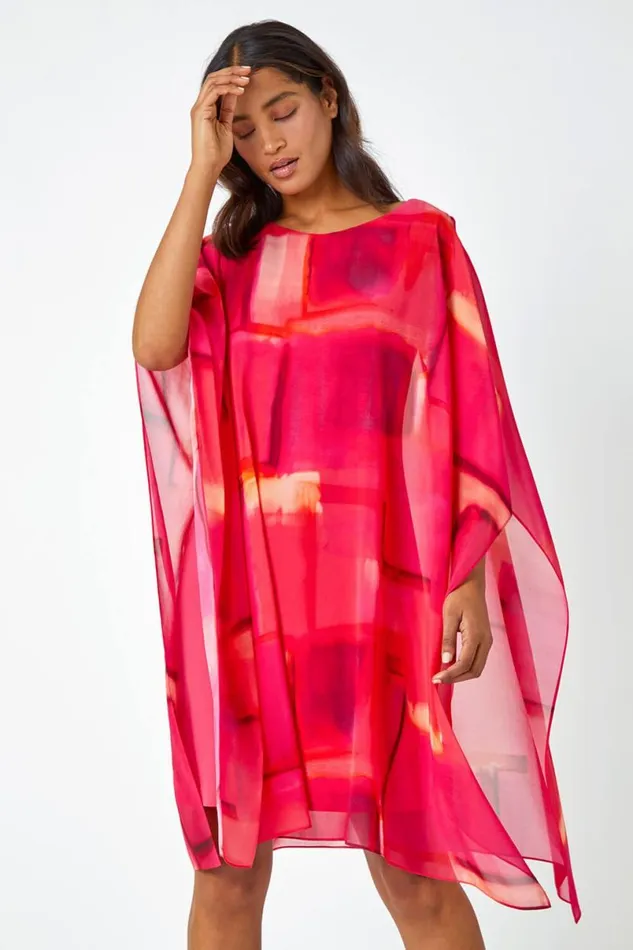 Pink Abstract Print Chiffon Overlay Dress Women Roman Dresses