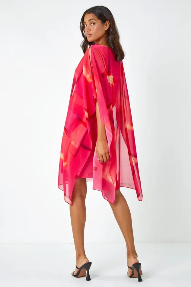 Pink Abstract Print Chiffon Overlay Dress Women Roman Dresses