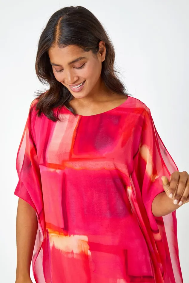 Pink Abstract Print Chiffon Overlay Dress Women Roman Dresses