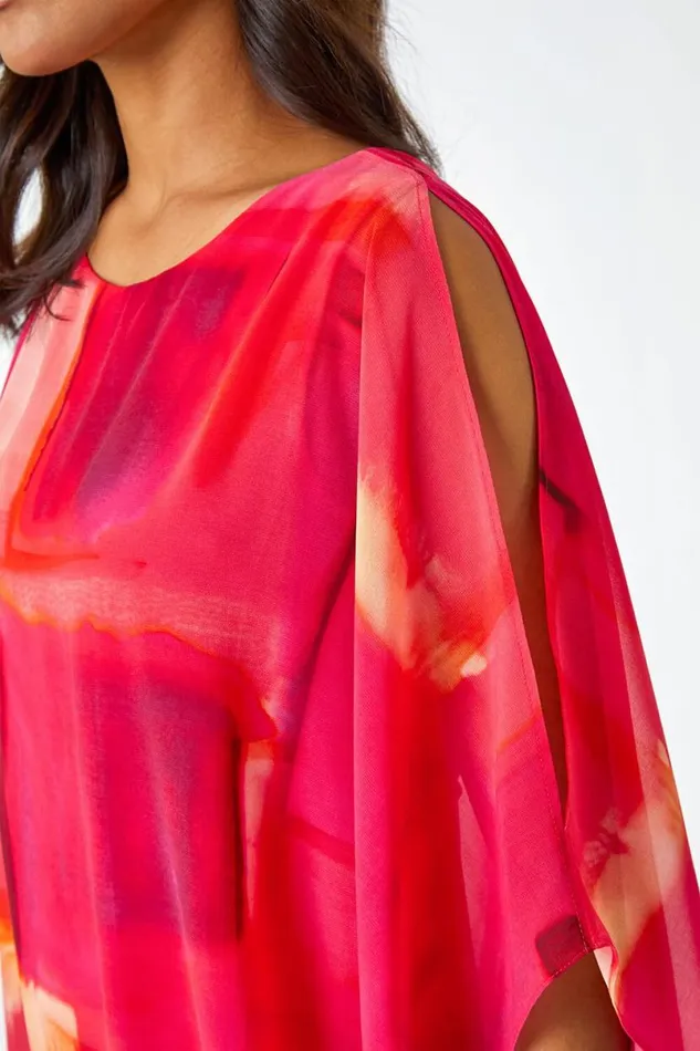 Pink Abstract Print Chiffon Overlay Dress Women Roman Dresses