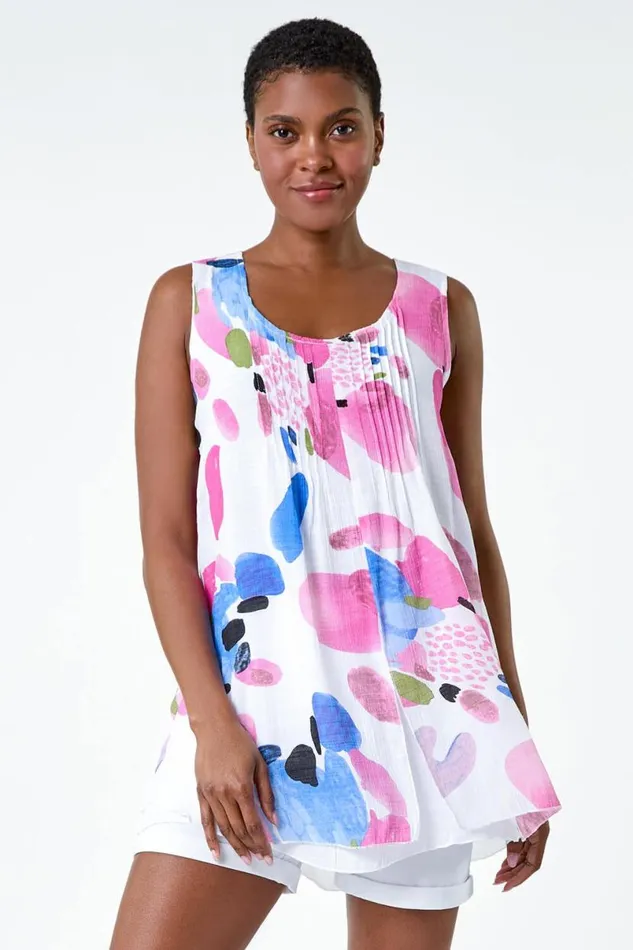 Pink Abstract Print Pintuck Overlay Vest Top Women Roman Tops