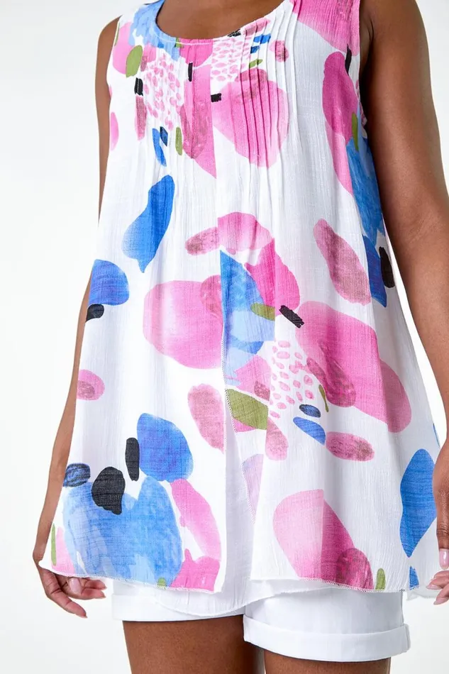 Pink Abstract Print Pintuck Overlay Vest Top Women Roman Tops