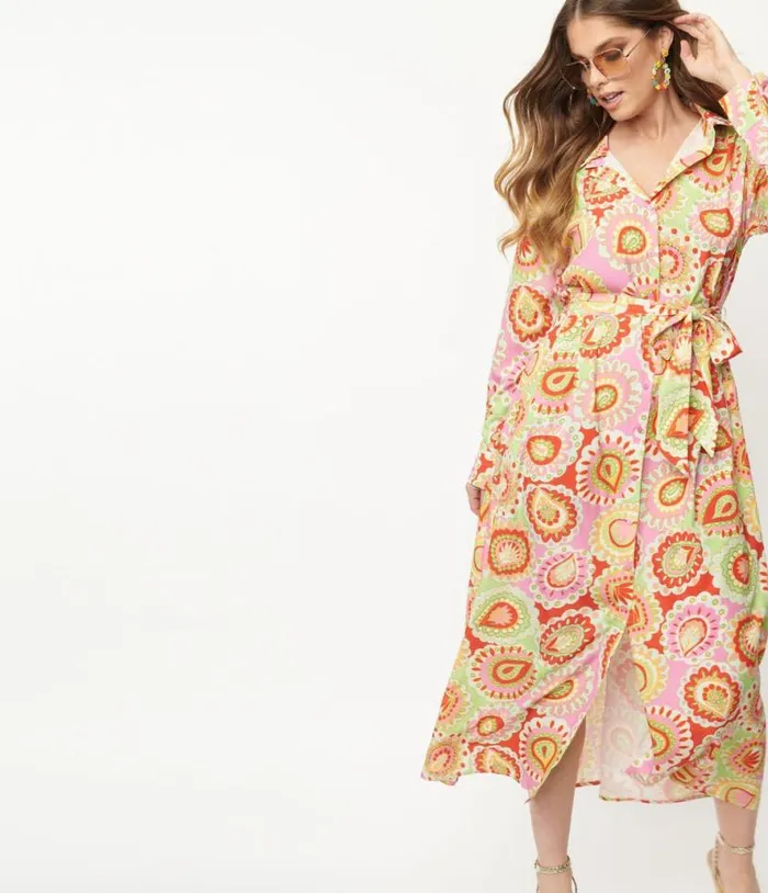 Pink and Green Paisley Print Midi Shirtdress Dresses Unique Vintage Midi