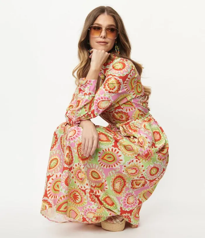 Pink and Green Paisley Print Midi Shirtdress Dresses Unique Vintage Midi