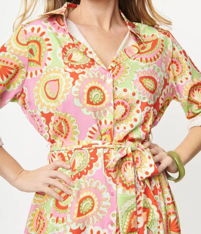 Pink and Green Paisley Print Midi Shirtdress Dresses Unique Vintage Midi