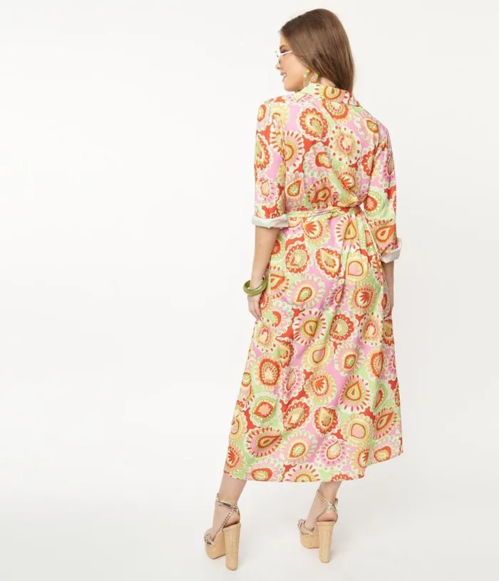 Pink and Green Paisley Print Midi Shirtdress Dresses Unique Vintage Midi