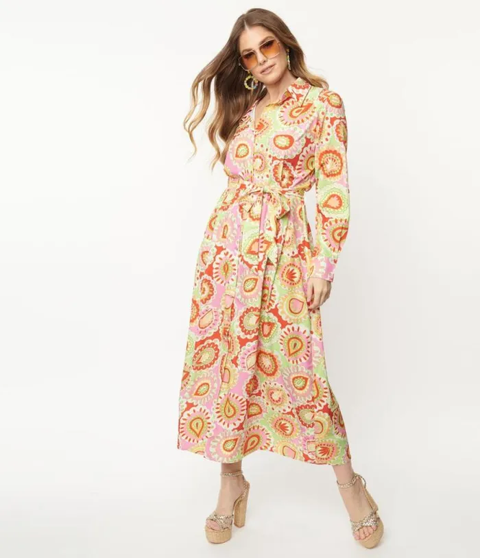 Pink and Green Paisley Print Midi Shirtdress Dresses Unique Vintage Midi