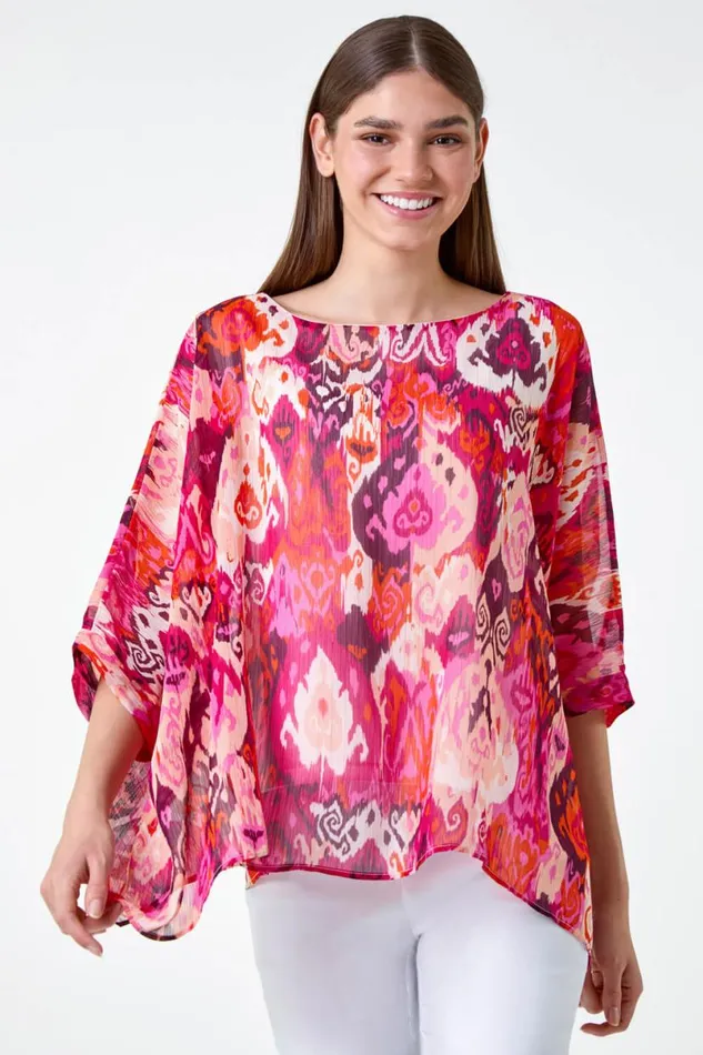 Pink Aztec Print Chiffon Overlay Top Women Roman Tops