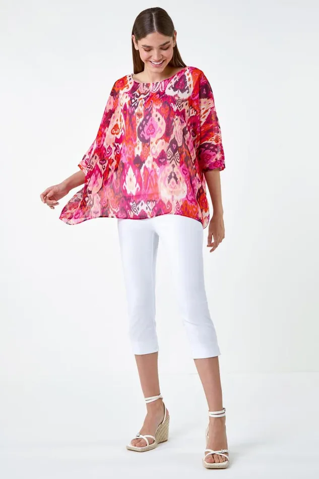 Pink Aztec Print Chiffon Overlay Top Women Roman Tops