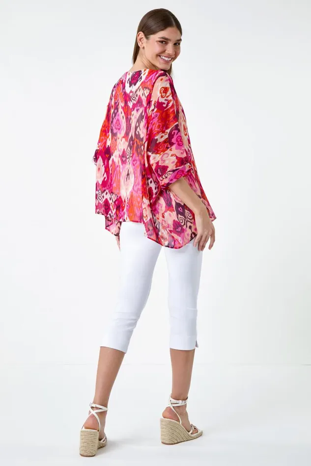 Pink Aztec Print Chiffon Overlay Top Women Roman Tops