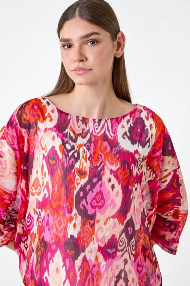 Pink Aztec Print Chiffon Overlay Top Women Roman Tops