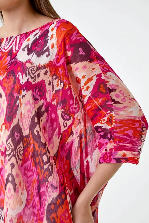 Pink Aztec Print Chiffon Overlay Top Women Roman Tops