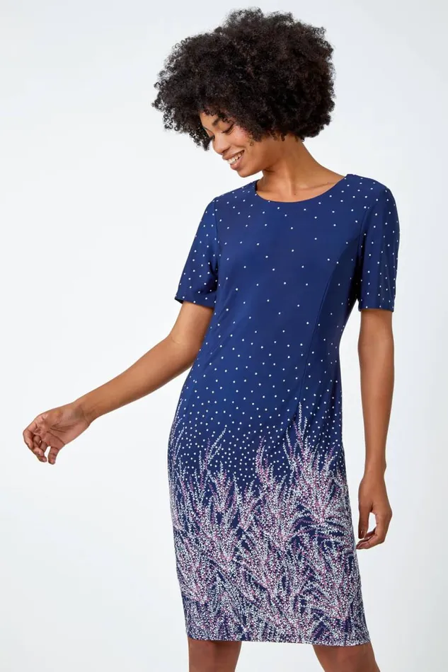 Pink Border Print Floral Shift Dress Women Roman Dresses