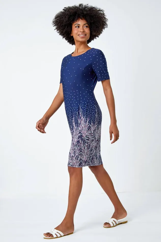 Pink Border Print Floral Shift Dress Women Roman Dresses