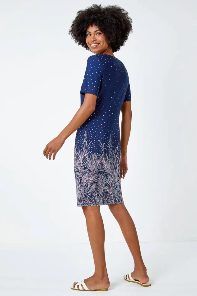 Pink Border Print Floral Shift Dress Women Roman Dresses