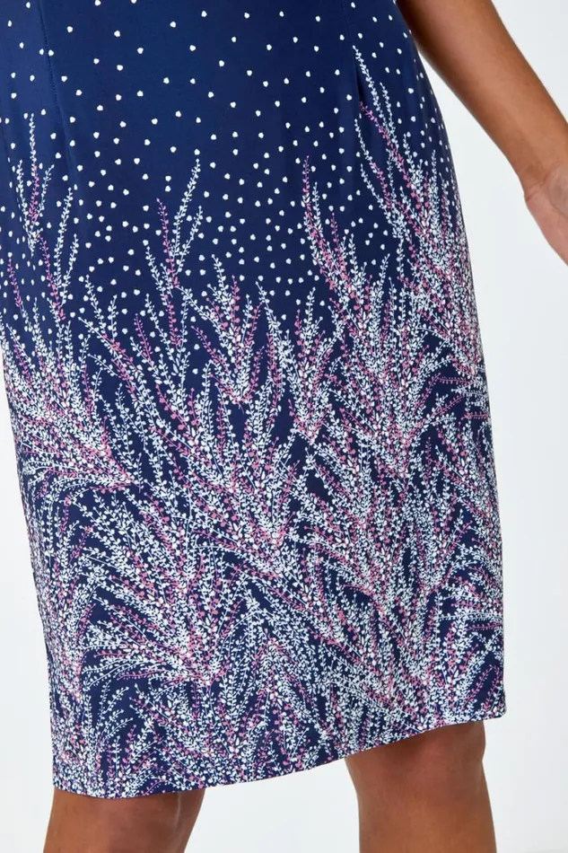 Pink Border Print Floral Shift Dress Women Roman Dresses