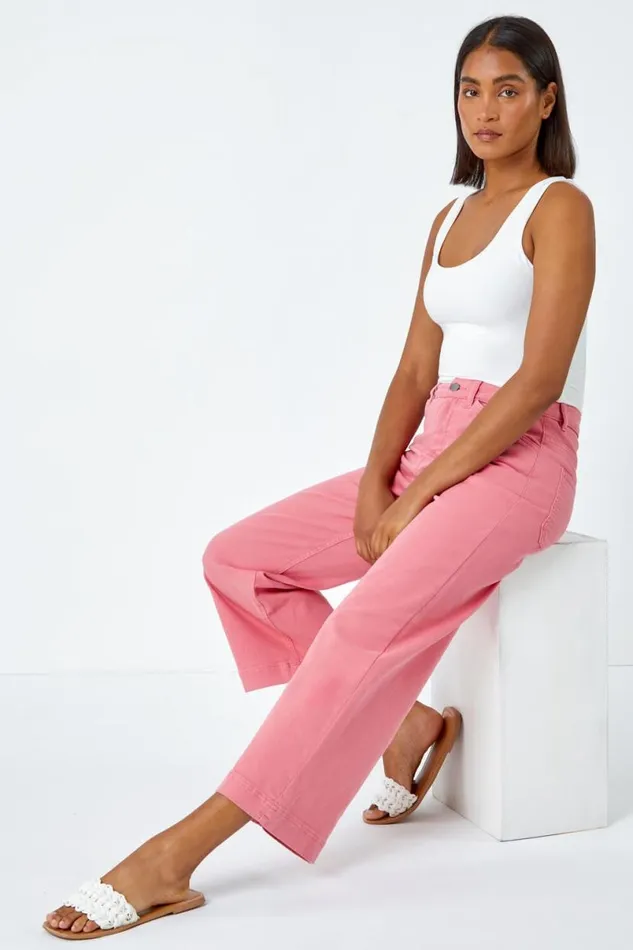 Pink Cotton Denim Stretch Cropped Culottes Women Roman Trousers