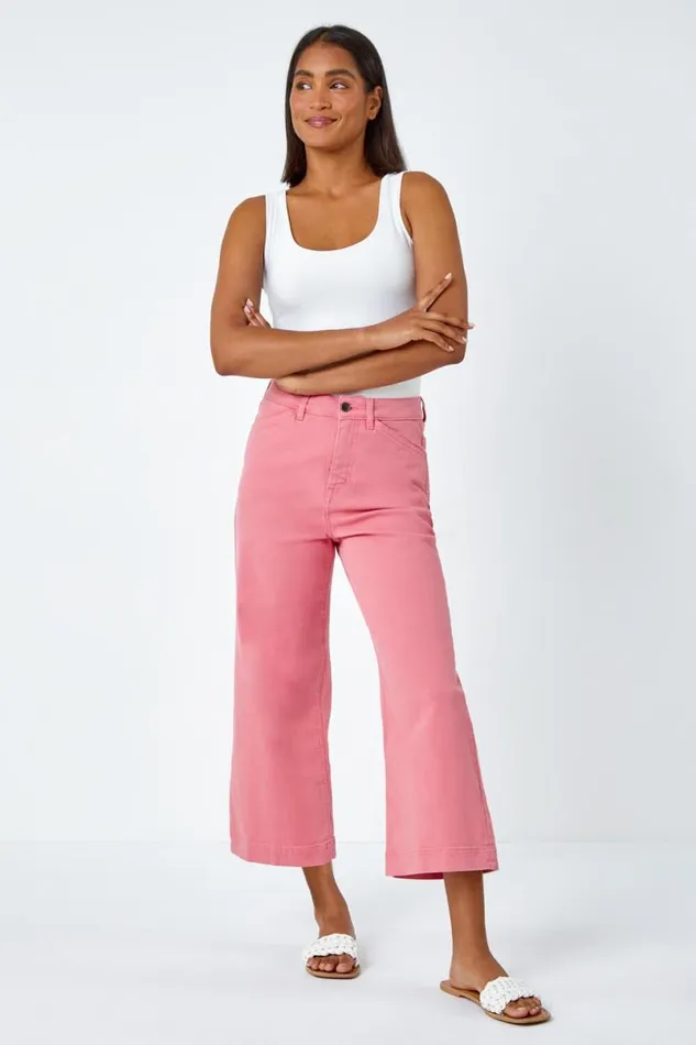 Pink Cotton Denim Stretch Cropped Culottes Women Roman Trousers