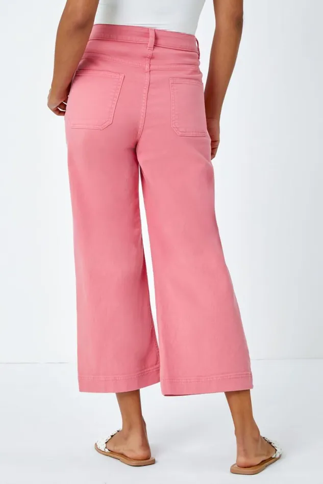 Pink Cotton Denim Stretch Cropped Culottes Women Roman Trousers