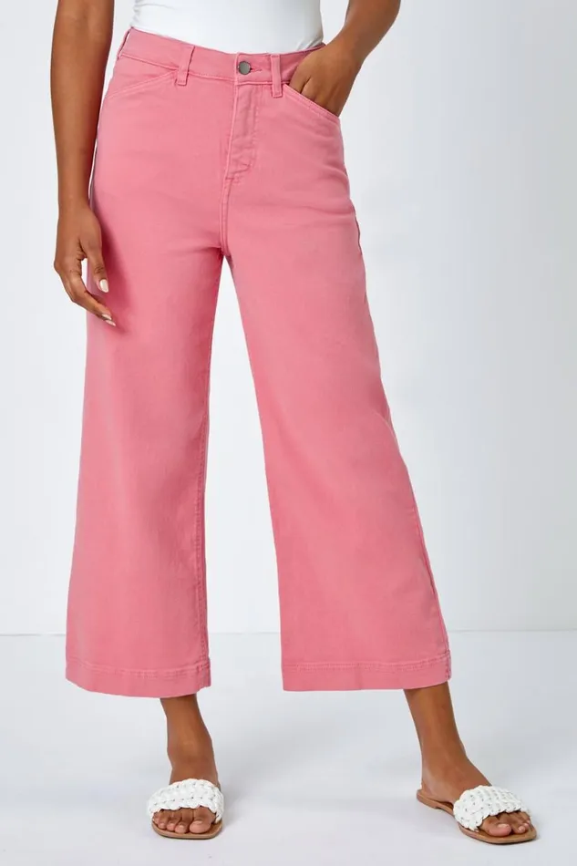 Pink Cotton Denim Stretch Cropped Culottes Women Roman Trousers