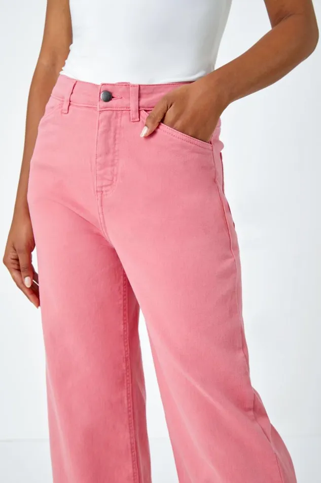 Pink Cotton Denim Stretch Cropped Culottes Women Roman Trousers