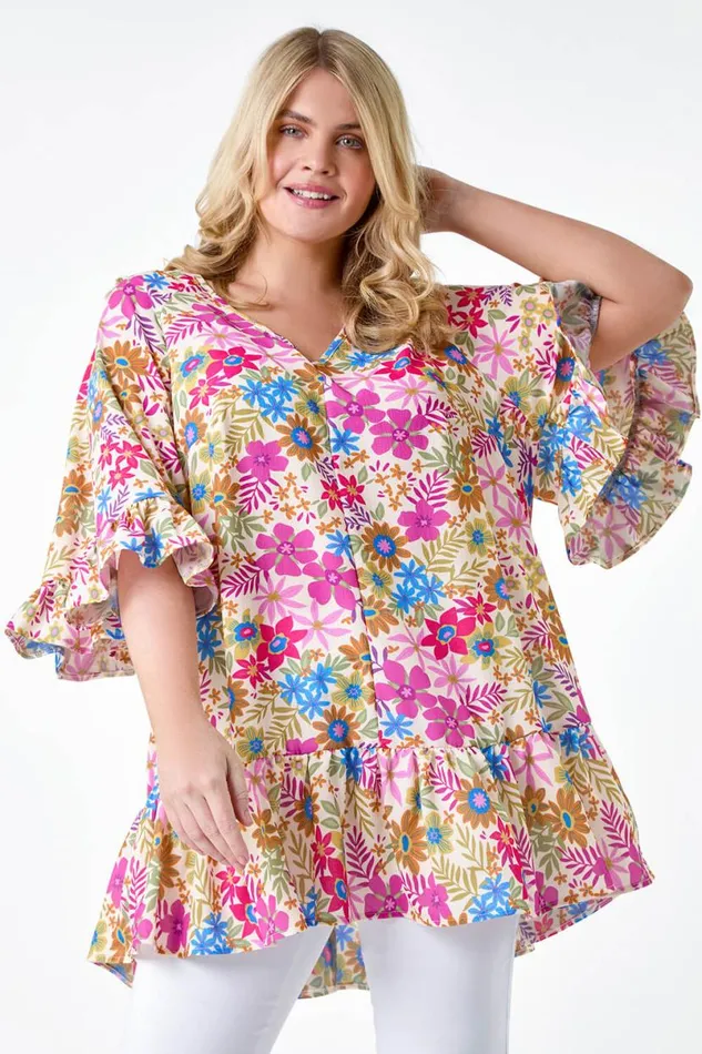Pink Curve Floral Print Frill Detail Top Women Roman Tops