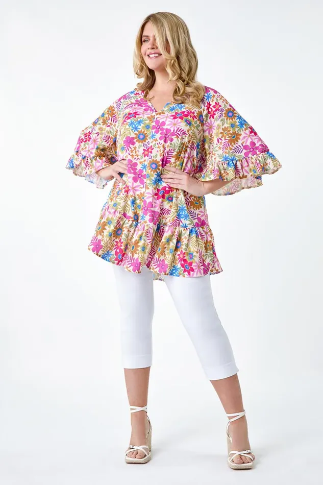Pink Curve Floral Print Frill Detail Top Women Roman Tops