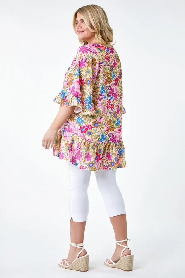 Pink Curve Floral Print Frill Detail Top Women Roman Tops