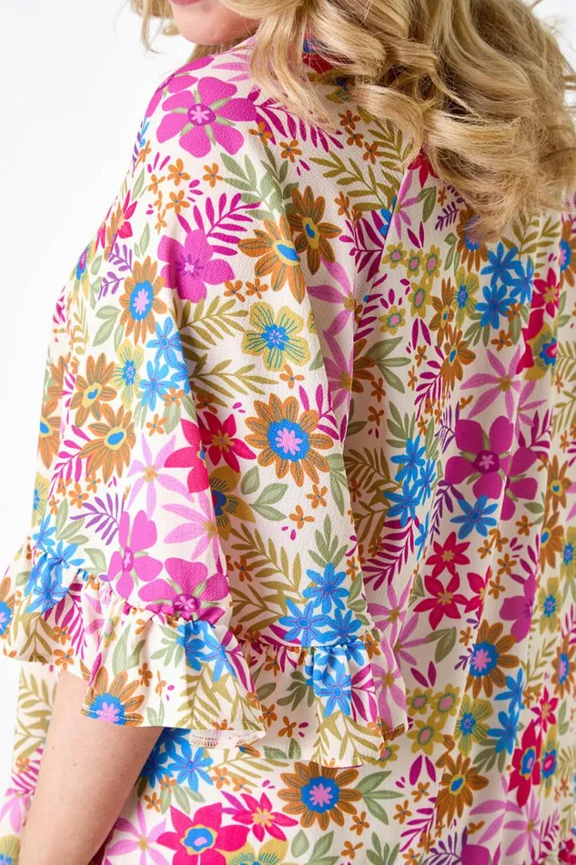 Pink Curve Floral Print Frill Detail Top Women Roman Tops