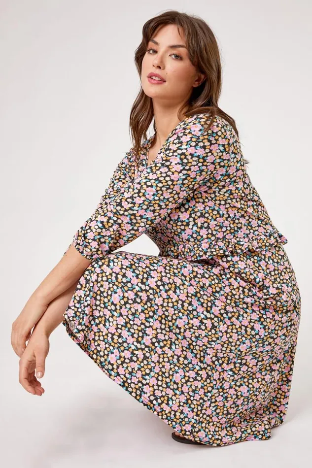 Pink Curve Frill Detail Floral Print Dress Women Roman Dresses