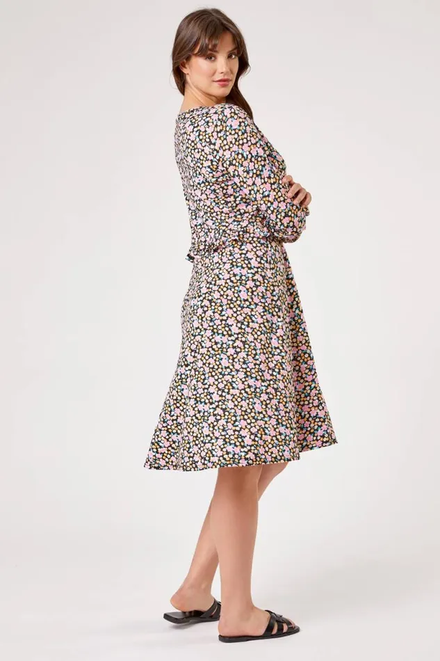 Pink Curve Frill Detail Floral Print Dress Women Roman Dresses