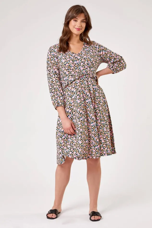Pink Curve Frill Detail Floral Print Dress Women Roman Dresses