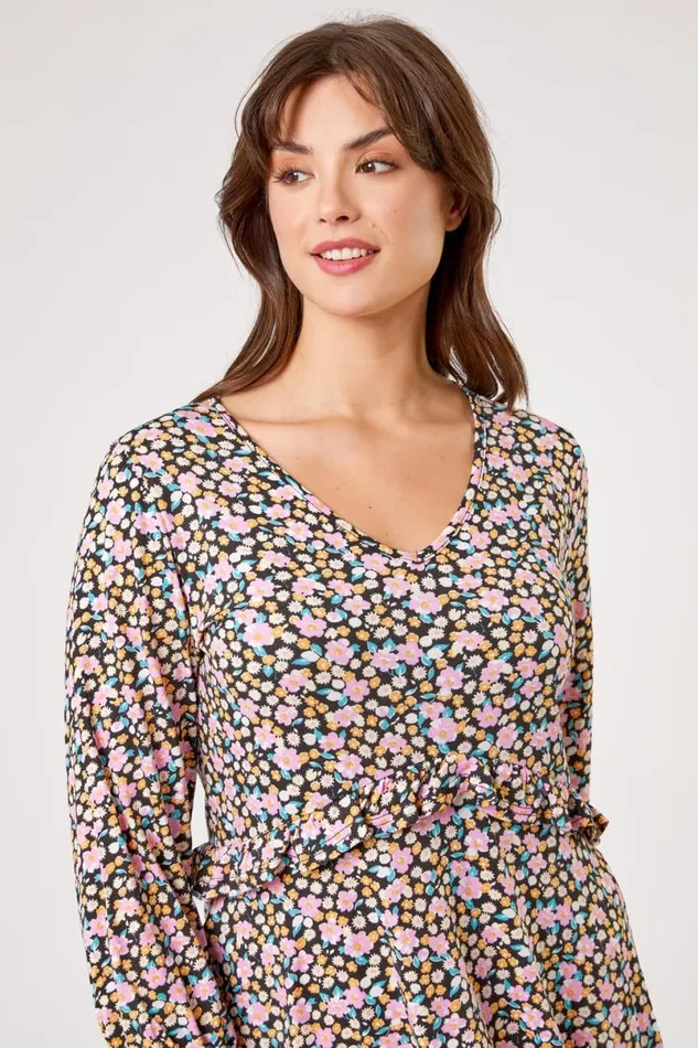 Pink Curve Frill Detail Floral Print Dress Women Roman Dresses