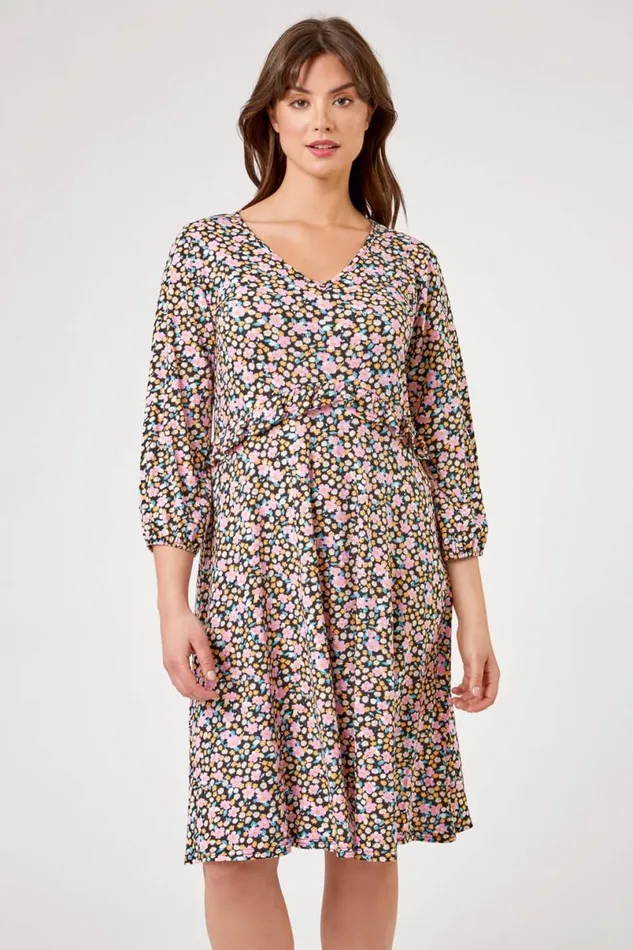 Pink Curve Frill Detail Floral Print Dress Women Roman Dresses