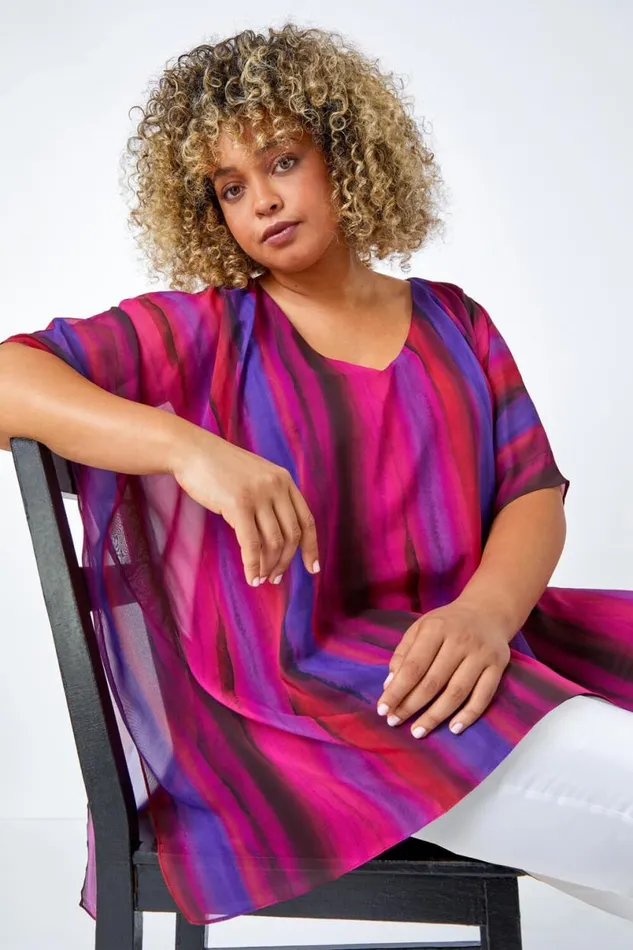 Pink Curve Stripe Chiffon Overlay Top Women Roman Tops