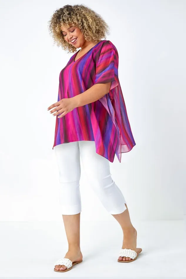 Pink Curve Stripe Chiffon Overlay Top Women Roman Tops