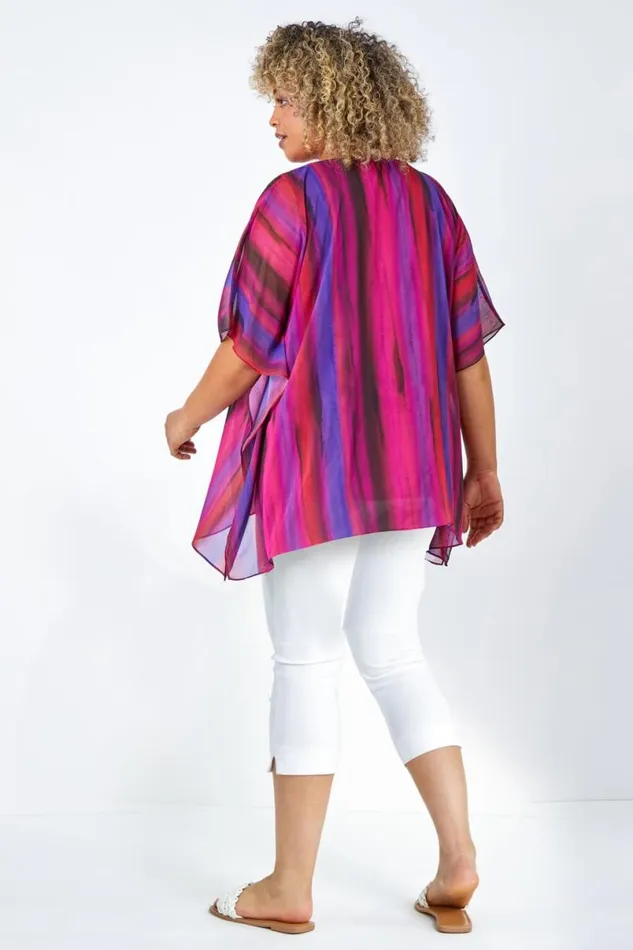 Pink Curve Stripe Chiffon Overlay Top Women Roman Tops