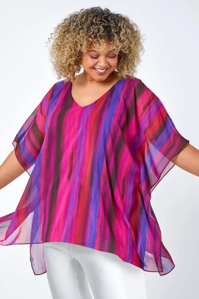 Pink Curve Stripe Chiffon Overlay Top Women Roman Tops