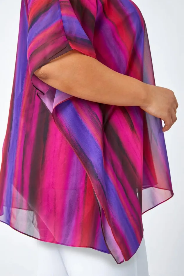 Pink Curve Stripe Chiffon Overlay Top Women Roman Tops
