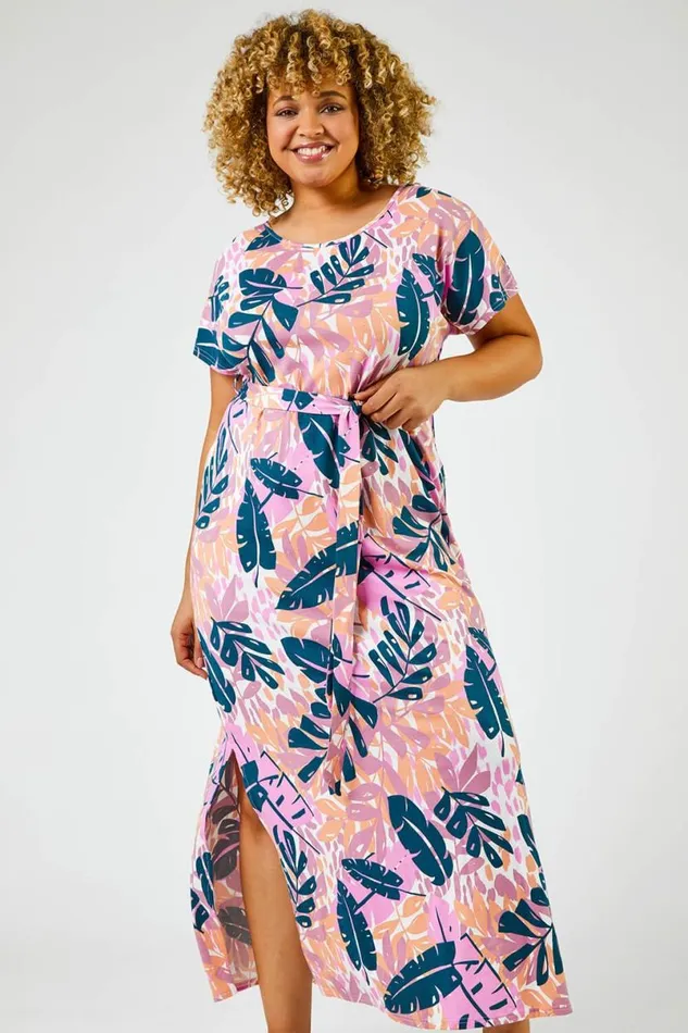 Pink Curve Tropical Leaf Print Maxi Dress Women Roman Dresses