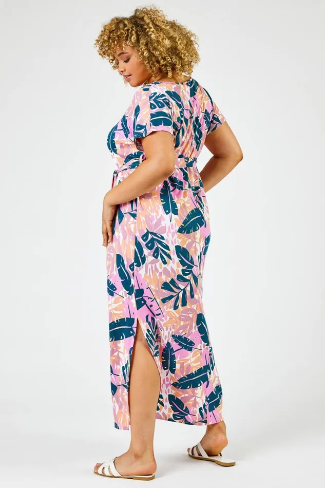 Pink Curve Tropical Leaf Print Maxi Dress Women Roman Dresses