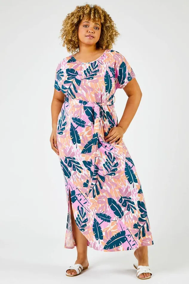 Pink Curve Tropical Leaf Print Maxi Dress Women Roman Dresses