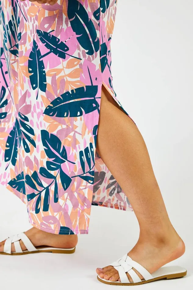 Pink Curve Tropical Leaf Print Maxi Dress Women Roman Dresses