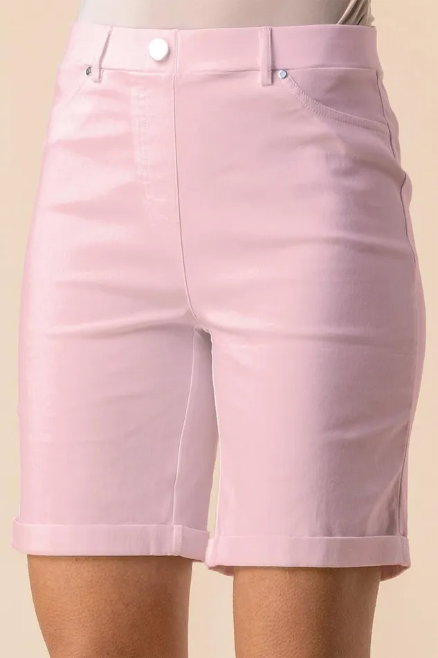 Pink Elastic Waist Turn Up Stretch Shorts Women Roman Trousers