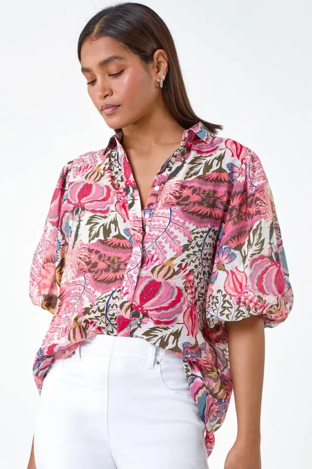 Pink Floral Leaf Print Puff Sleeve Shirt Women Roman Tops