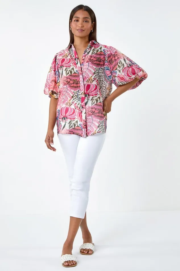 Pink Floral Leaf Print Puff Sleeve Shirt Women Roman Tops